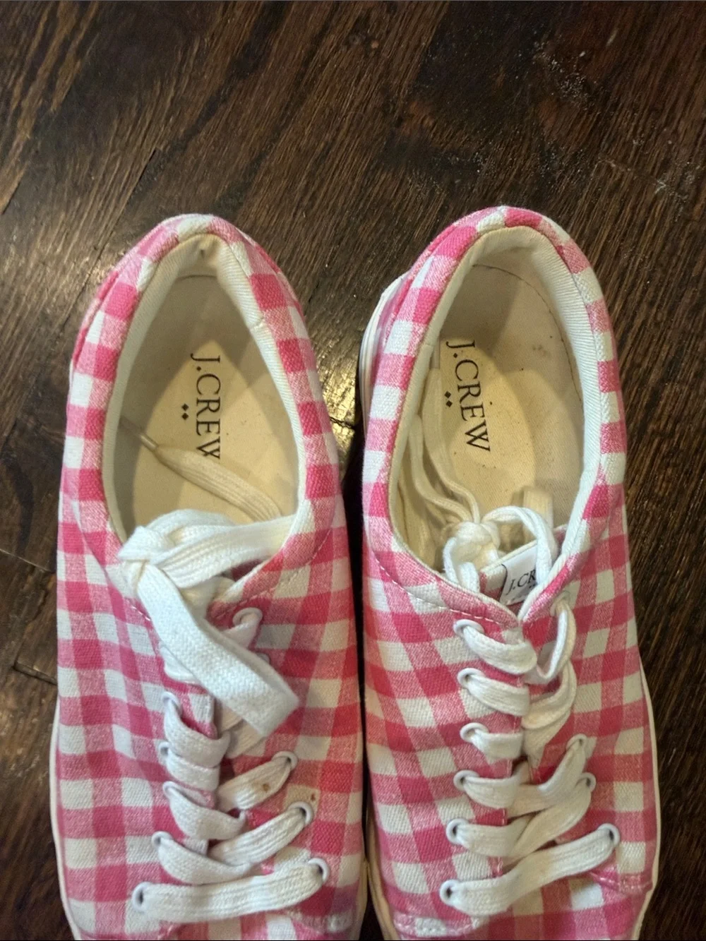 J. Crew Pink and White Gingham Canvas Sneakers
